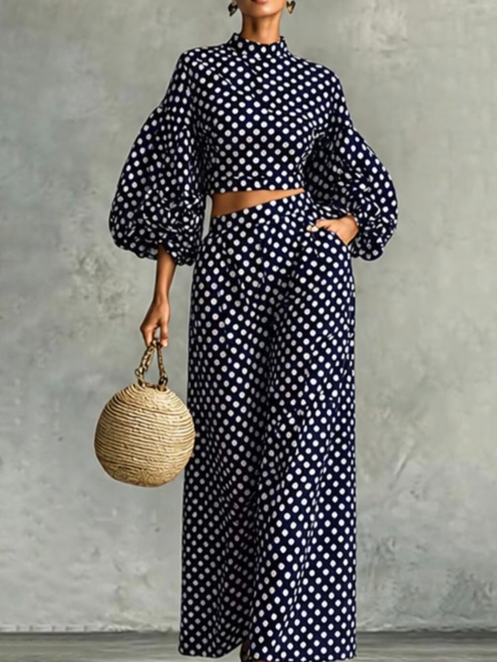 Polka Dot Lantern Sleeve Crop Top High-Waisted Wide-Leg Pants Fashion 2pcs Set